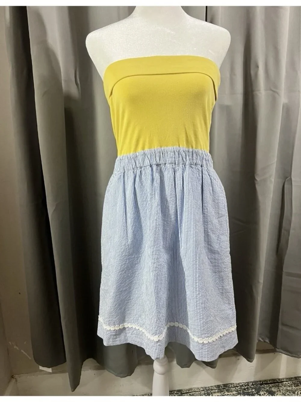 Vtg Lilly Pulitzer Medium Strapless Esmeralda Dress Yellow Blue Mini Seersucker - Picture 6 of 6